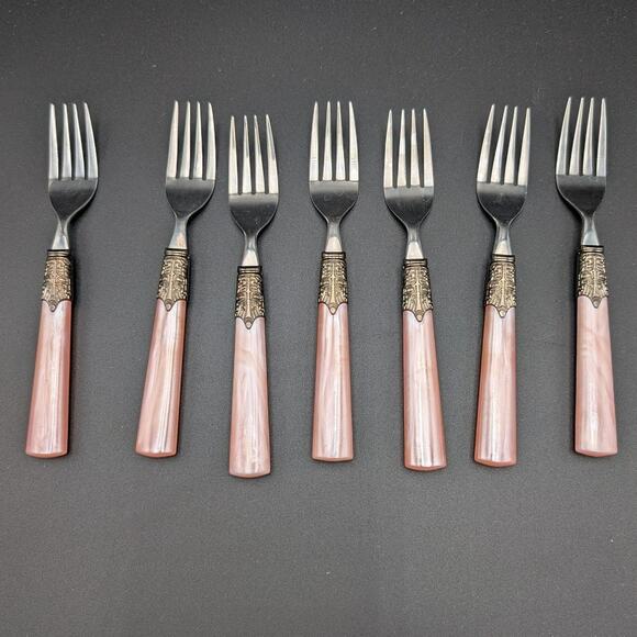 Gibson Roseland Salad Forks Set of 7 Pearlescent Pink Handles Ornate Vintage - Picture 1 of 8